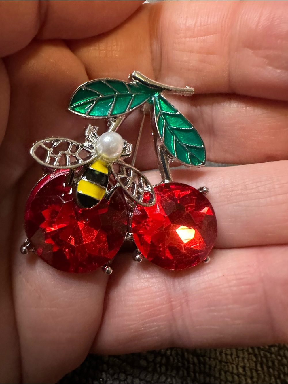 Unk Red & Green Cherry Brooch with Bee Accent